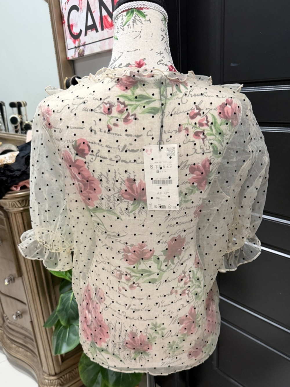 Zara Cream Sheer Polka Dot Blouse with Pink Floral Print - Picture 11 of 11